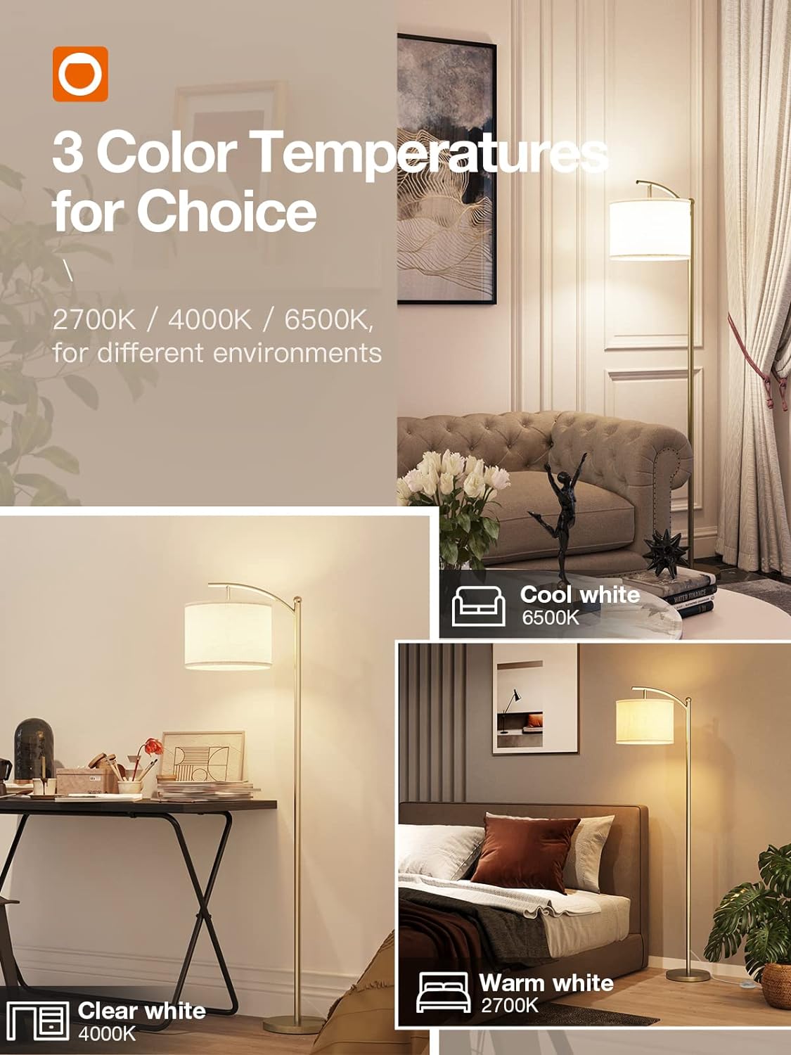addlon Floor Lamp for Living Room with 3 Color Temperatures, Standing lamp with Linen lampshade for Bedroom, Office, Lamps with 9W LED Bulb Included - Brass Gold with Beige Shade