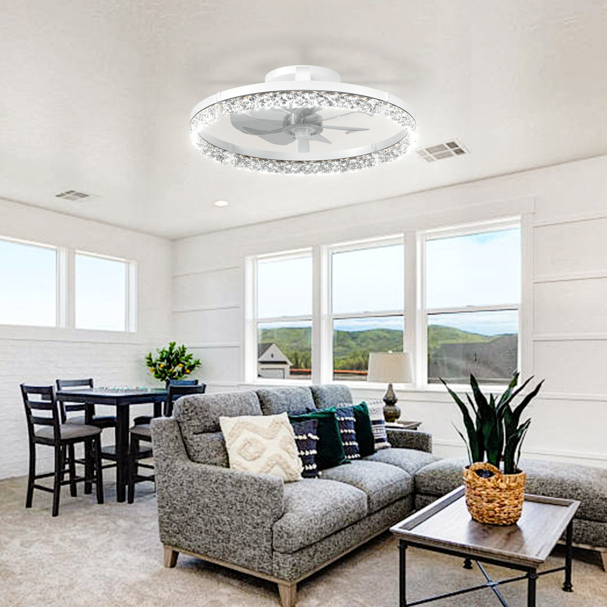 Ceiling Fans with Lights and Remote, 20'' Low Profile Ceiling Fans, 3000-6000K Dimmable Modern Flush Mount LED Fan Light, Fandelier Ceiling Fan for Bedroom, Kitchen, Living Room, White