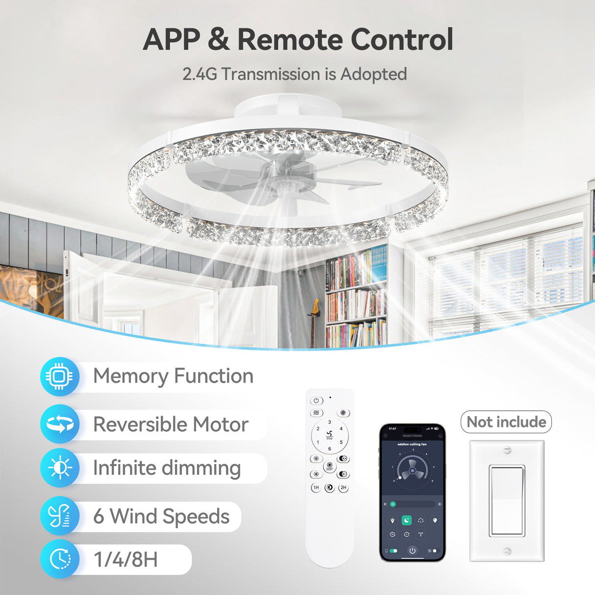 Ceiling Fans with Lights and Remote, 20'' Low Profile Ceiling Fans, 3000-6000K Dimmable Modern Flush Mount LED Fan Light, Fandelier Ceiling Fan for Bedroom, Kitchen, Living Room, White